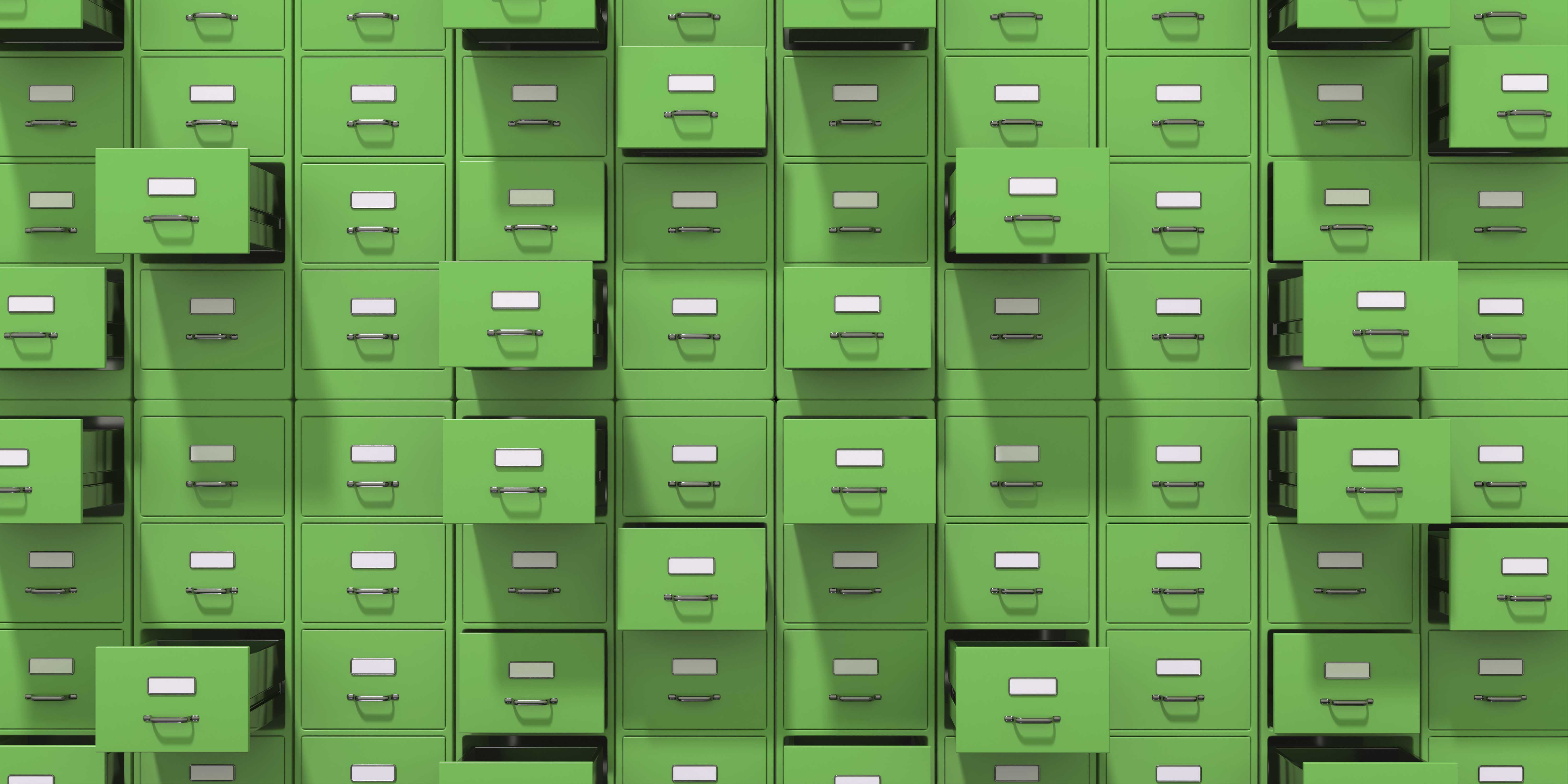 Stylized photo illustration of a wall of file drawers